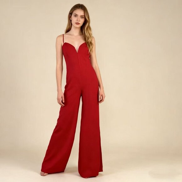 NWOT Farm Rio Linen Blend Sleeveless Halter Wide Leg Jumpsuit Sz M Red - Picture 1 of 12